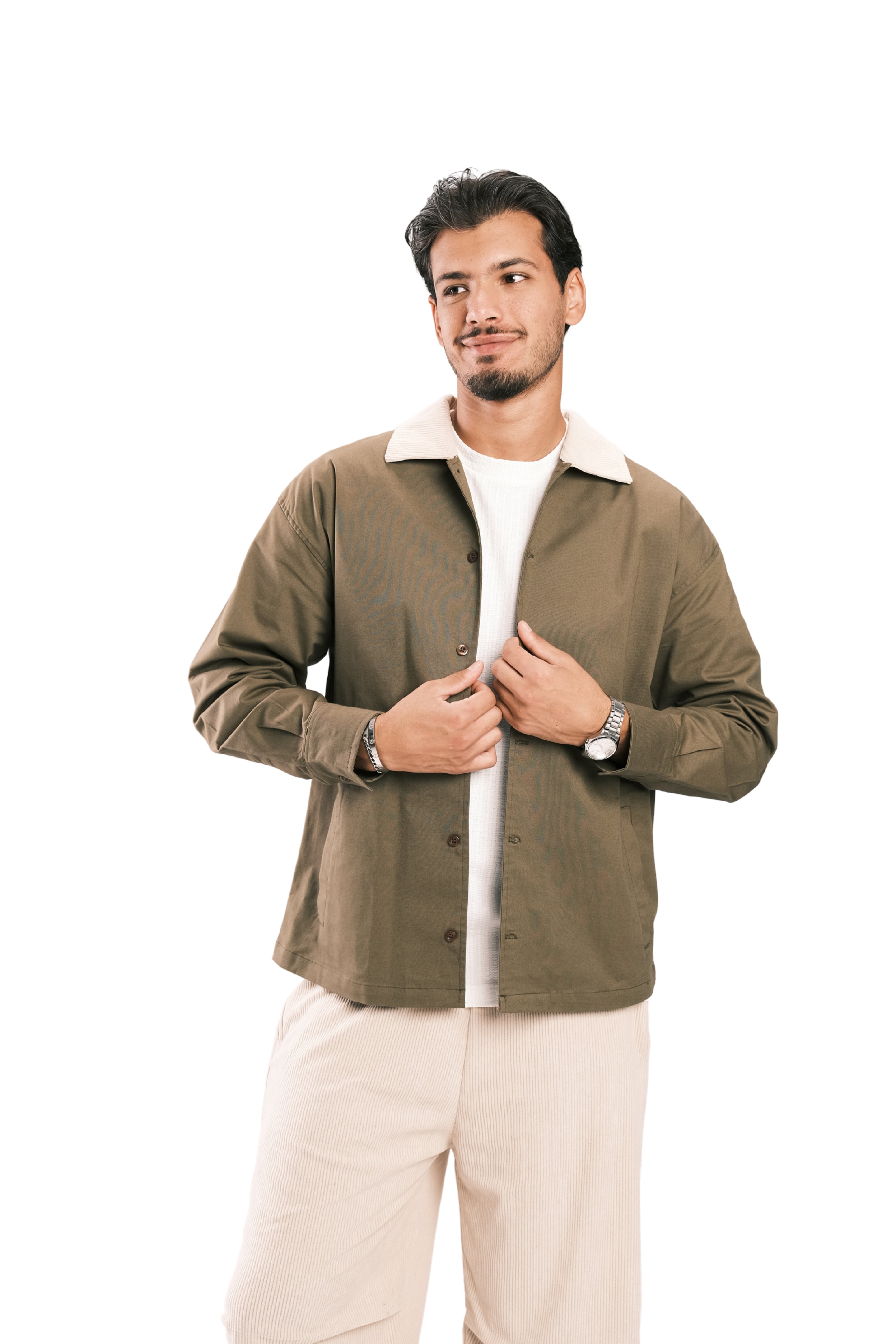 Olive Corduroy-Collar Overshirt