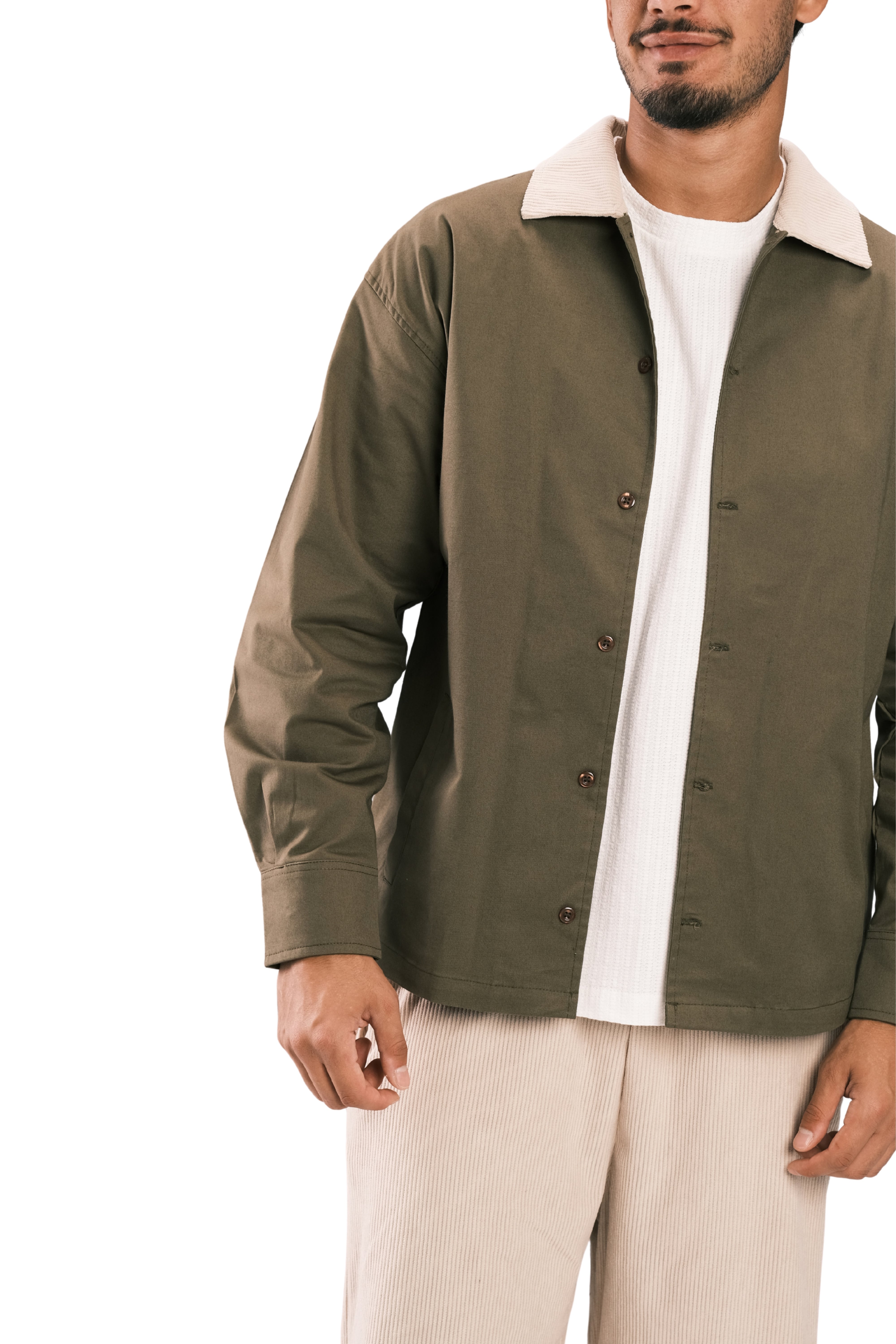 Olive Corduroy-Collar Overshirt