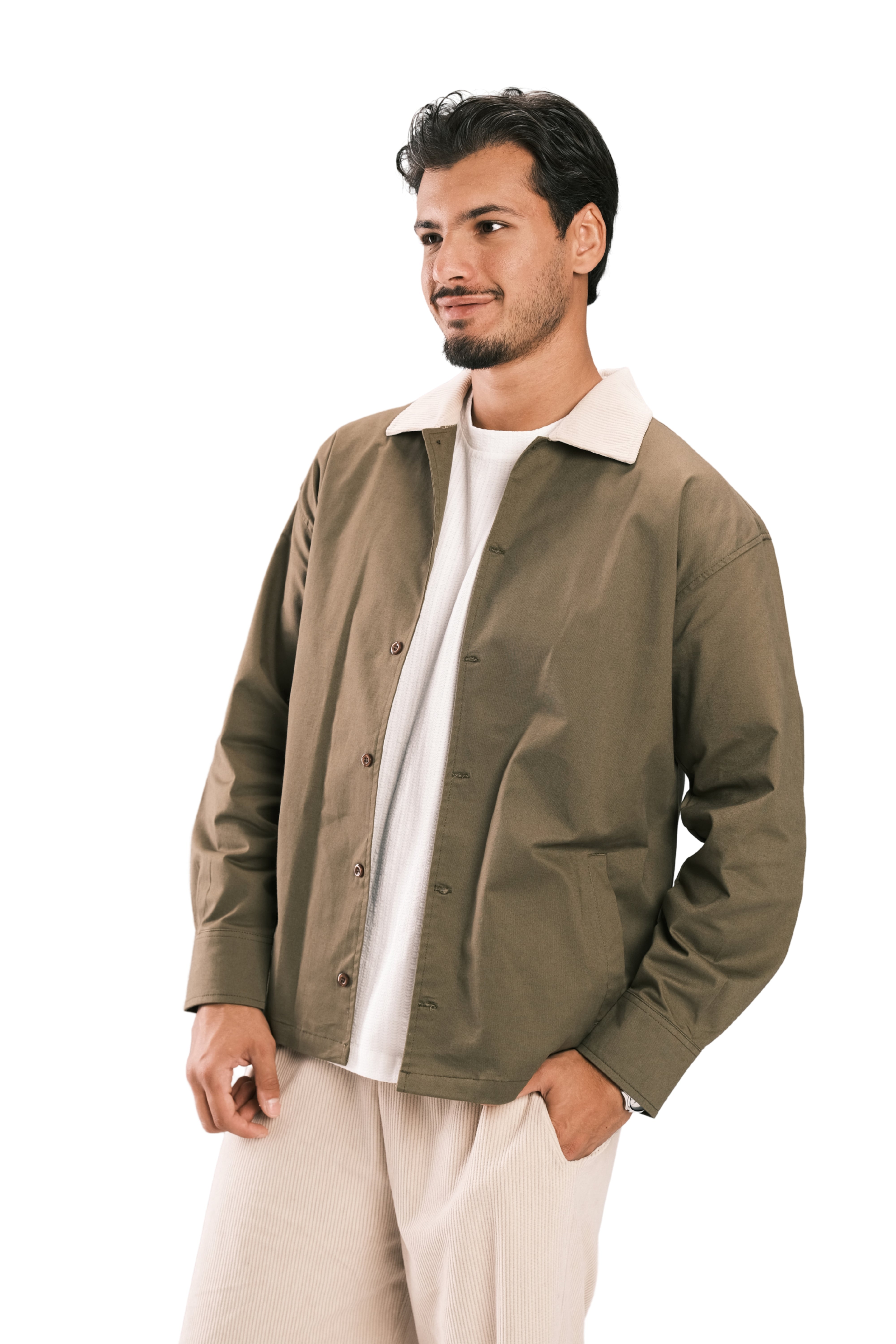 Olive Corduroy-Collar Overshirt