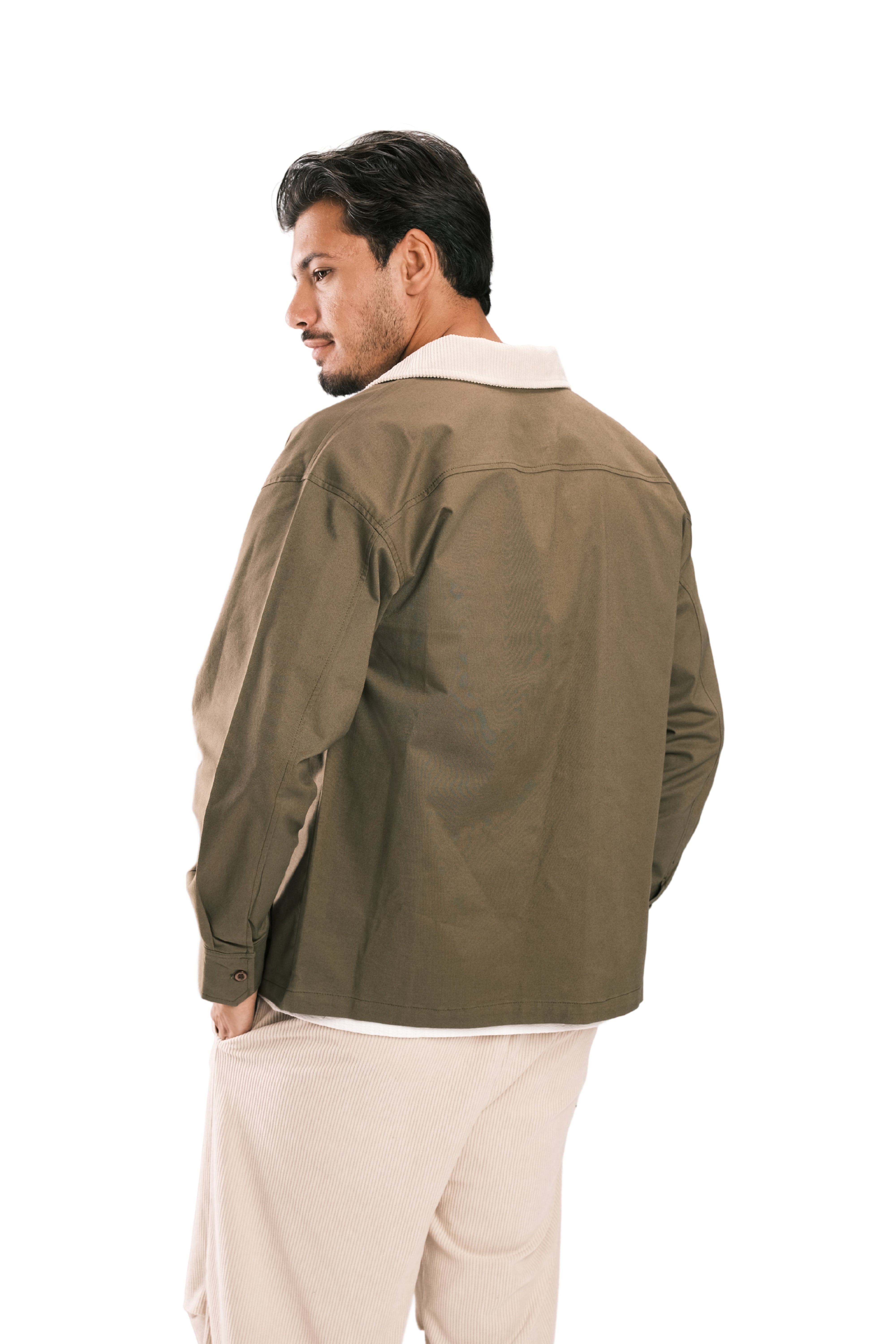 Olive Corduroy-Collar Overshirt