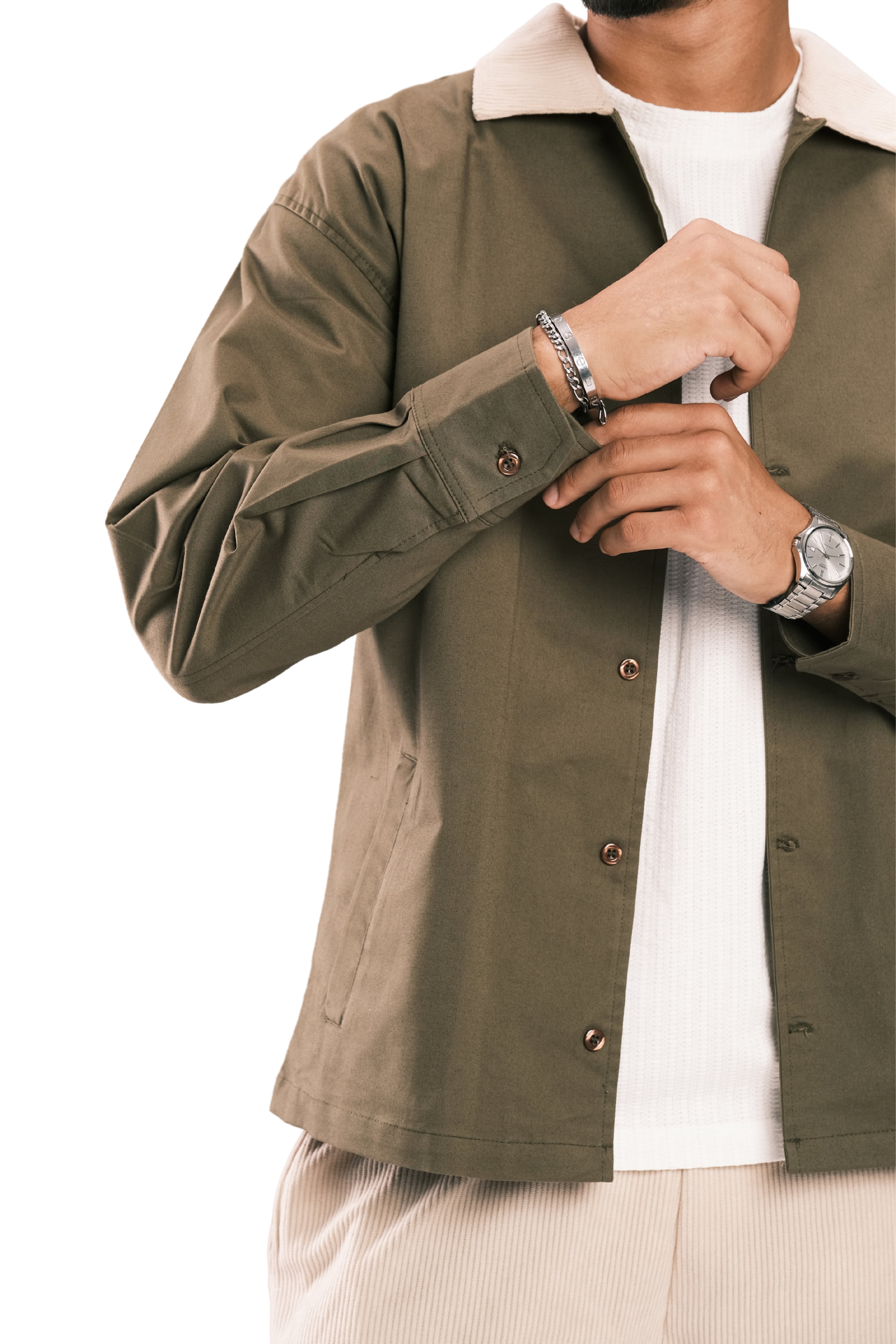 Olive Corduroy-Collar Overshirt