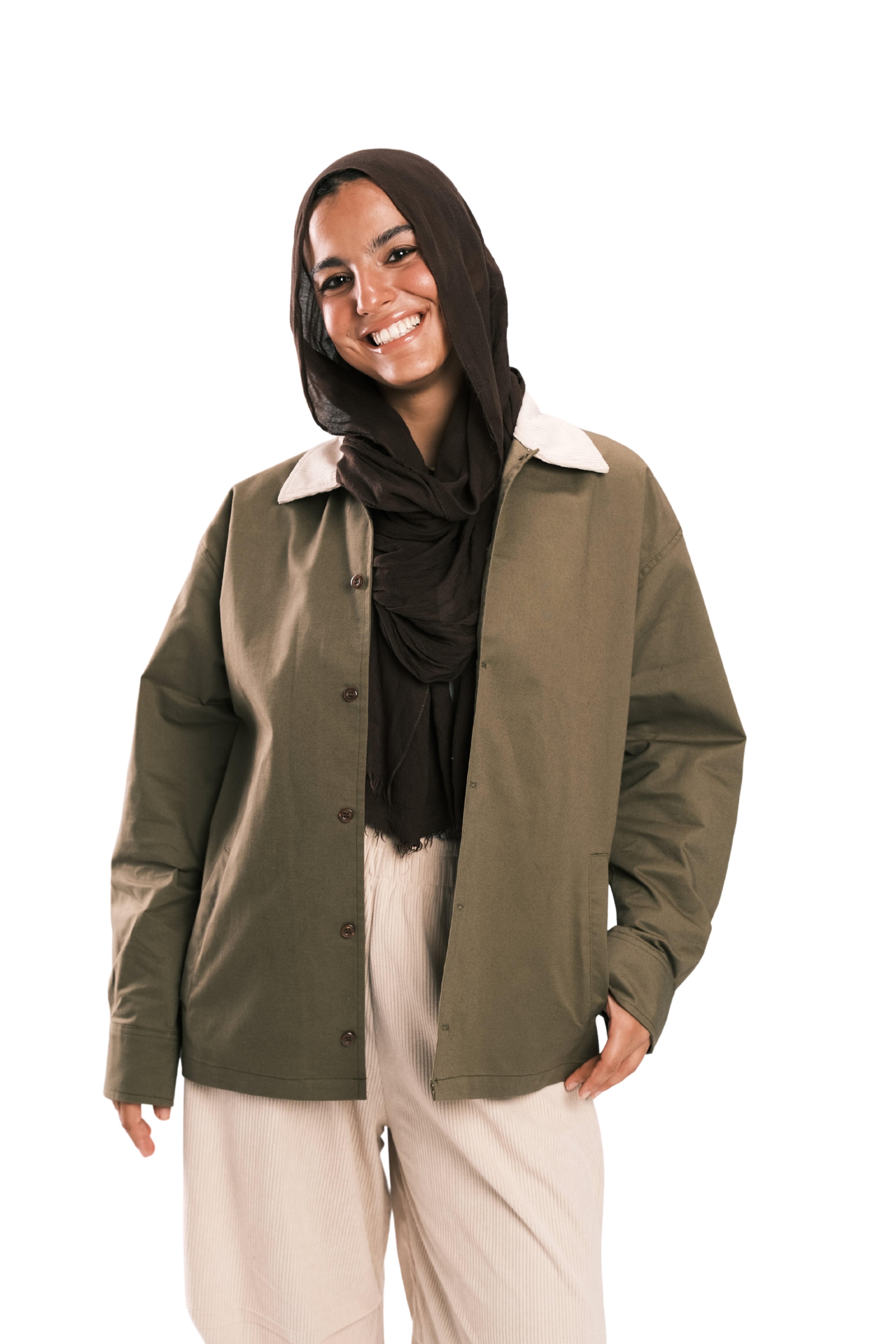 Olive Corduroy-Collar Overshirt