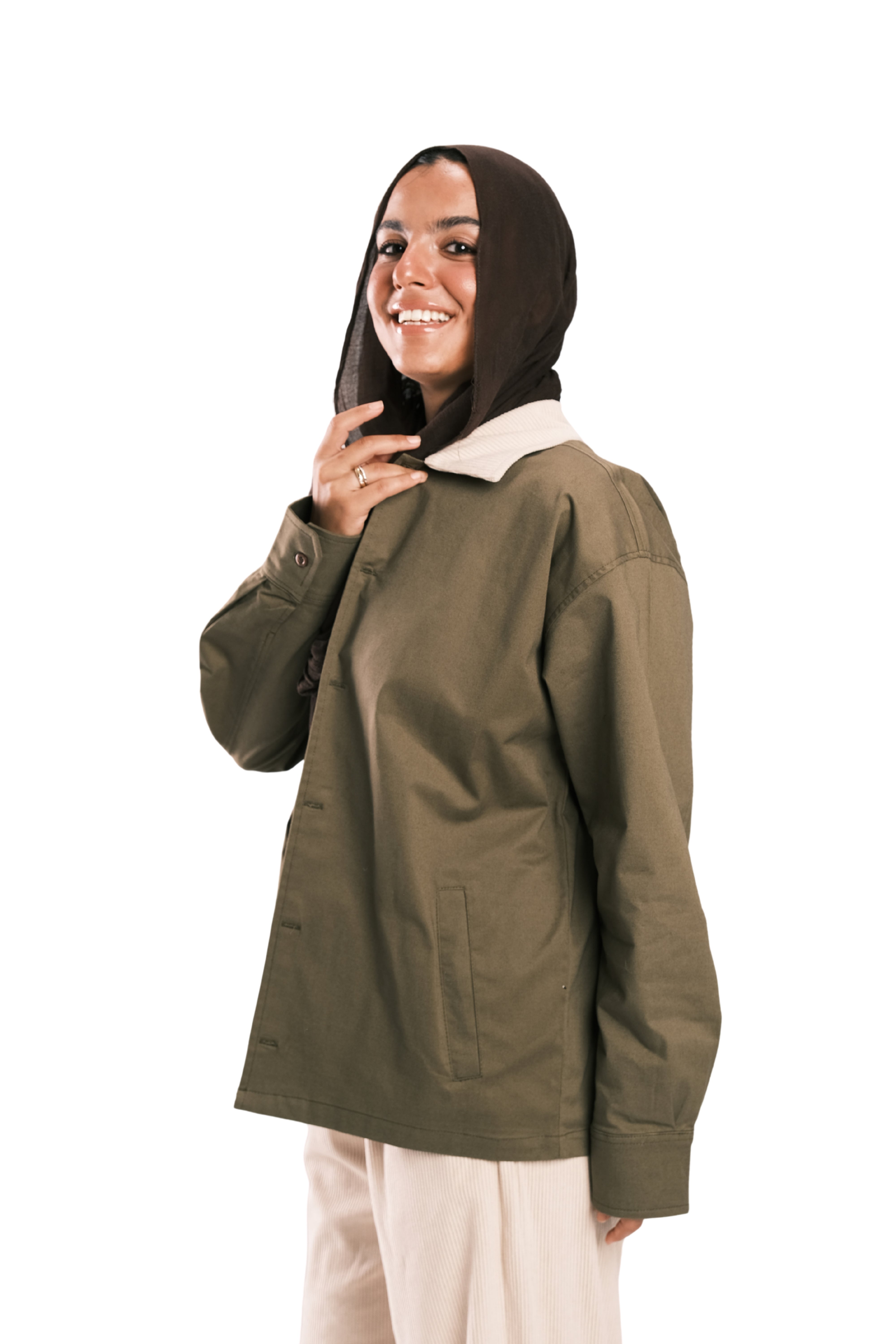 Olive Corduroy-Collar Overshirt