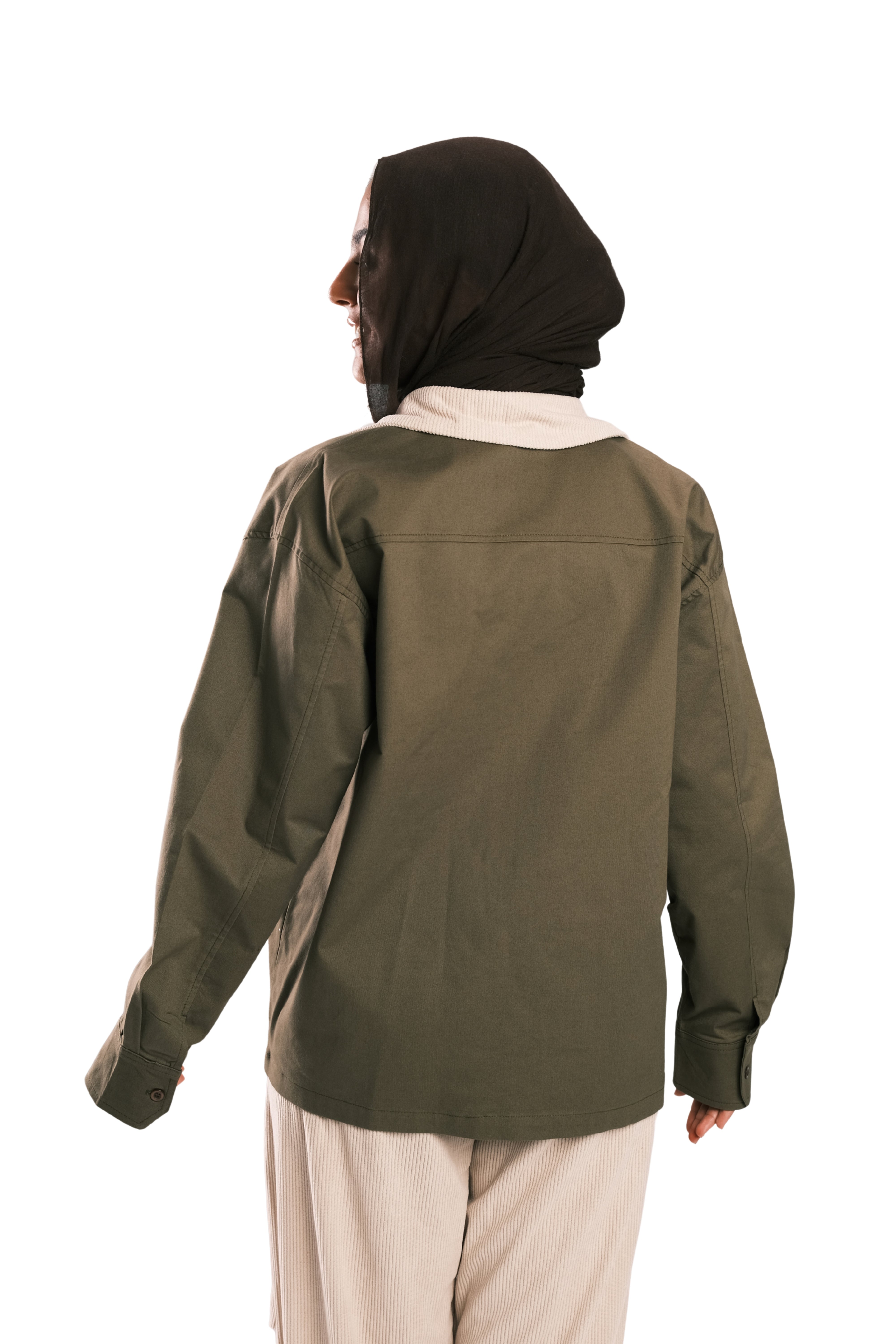Olive Corduroy-Collar Overshirt