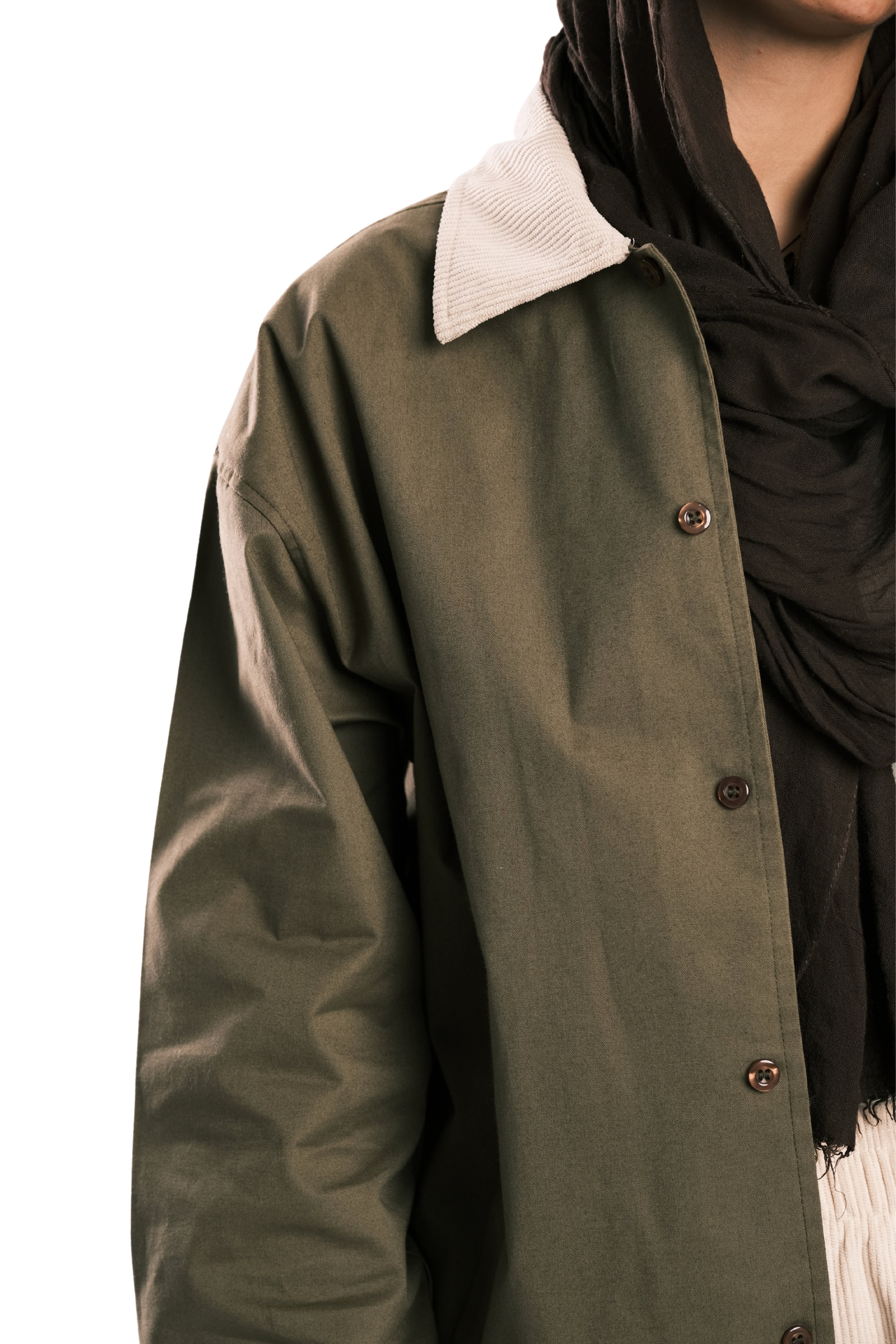 Olive Corduroy-Collar Overshirt