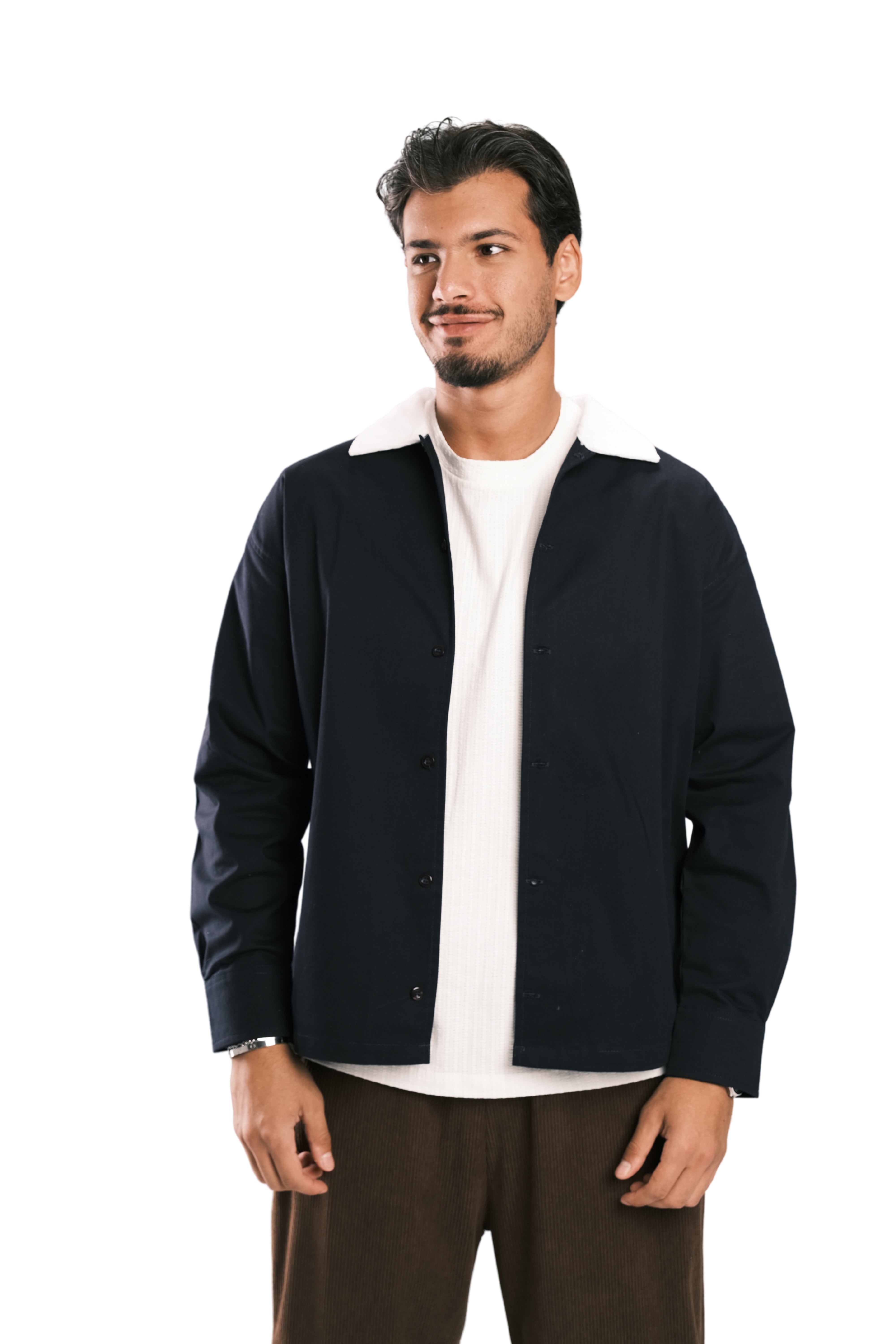 Navy Corduroy-Collar Overshirt