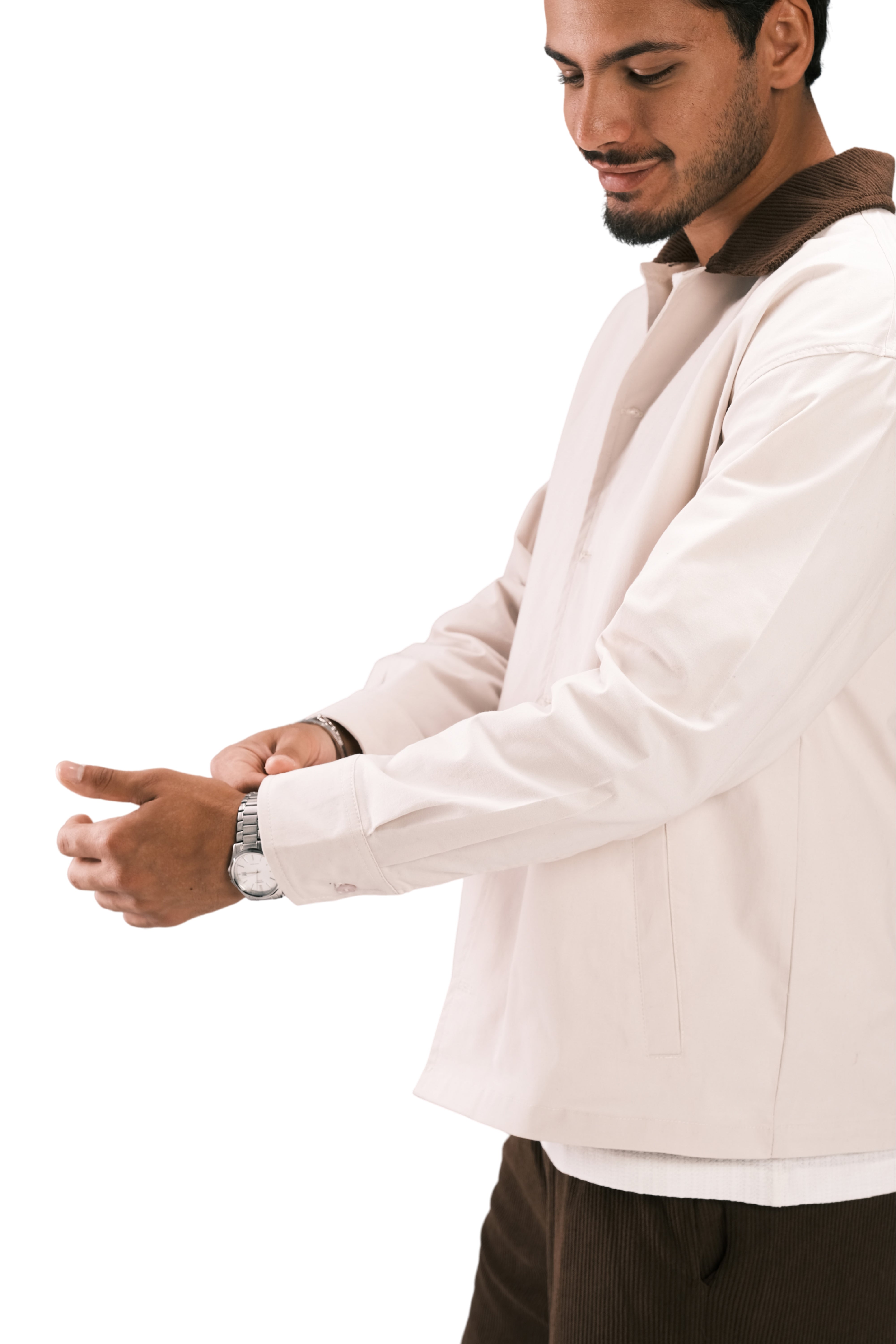 Beige Corduroy-Collar Overshirt