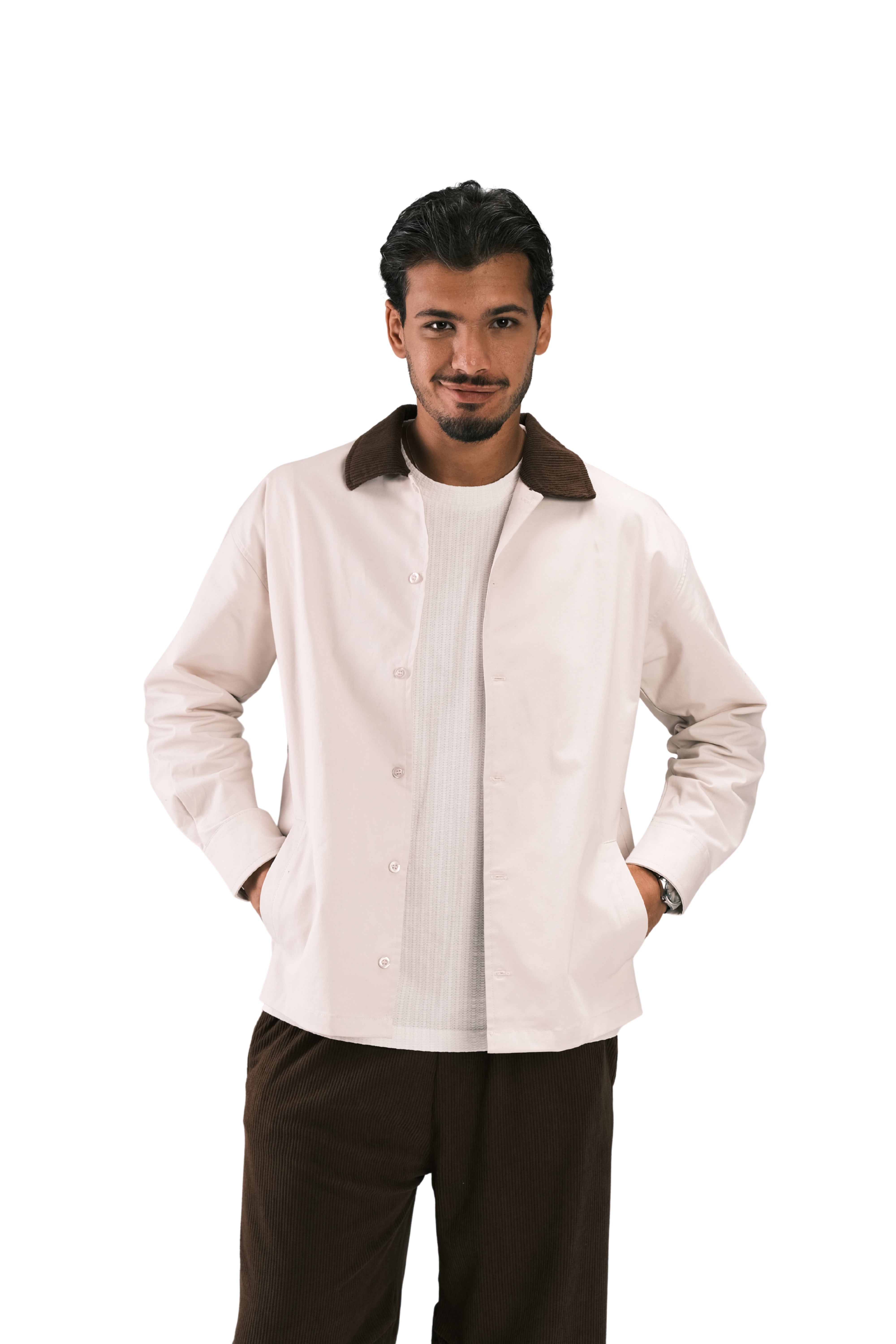 Beige Corduroy-Collar Overshirt
